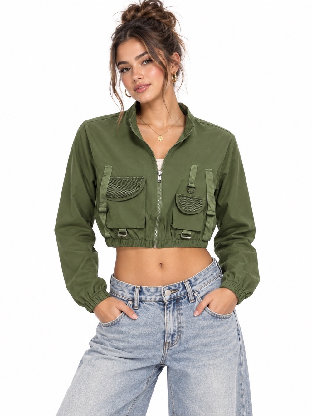 NWT Hot & Delicious Cropped Utility Cargo Jacket Small Olive Green Mesh Pockets